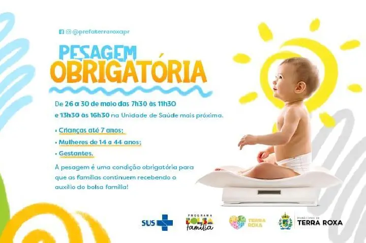 Pesagem Obrigatória para Beneficiários do Bolsa Família Acontece de 26 a 30 de Maio em Terra Roxa